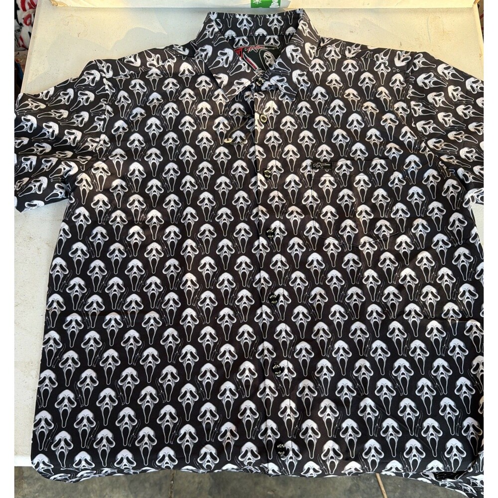Retro Rifle Ghostface Scream Shirt Mens Horror Button Up Black NEW Missing Tag!